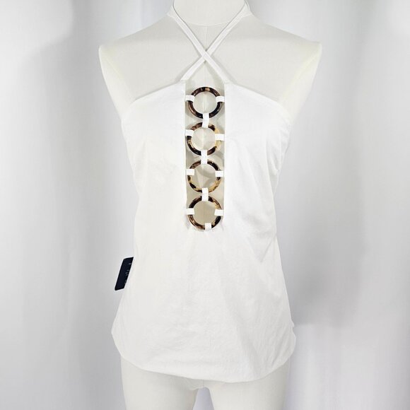 Lulus Women's White Tortoise Shell O Ring Cut Out Halter Top Size M NWTF - Picture 2 of 13